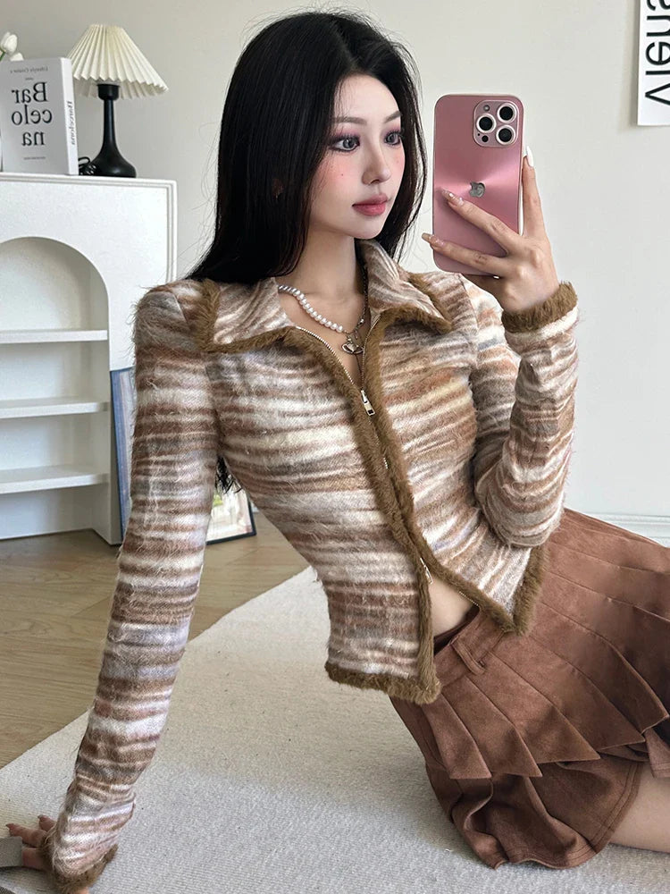 xsrrr Striped Knit Sweater Cardigan Y2K High Street Women Autumn Turn-down Collar Zipper Sweaters Coat Female Casual Korean