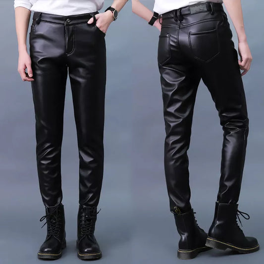 Men Leather Pants Slim PU Leather Trousers Fashion Elastic Motorcycle Leather Pants Waterproof Oil-Proof Male Bottoms Oversized