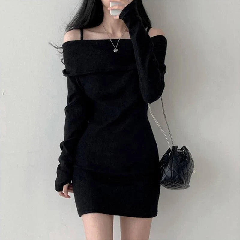 xsrrr FALL OUTFITS Y2K Women Knitted Mini Dress Korean Sexy Off Shoulder Female Dress Spring New Spaghetti Strap Long Sleeve Ladies Vestidos