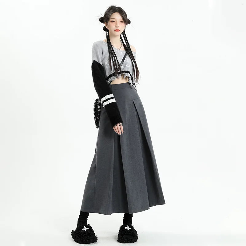 Hnewly Vintage Grey Suit A-line Skirt Women's Spring Autumn College Style High Waist Pleated Mid Length Skirt Femal