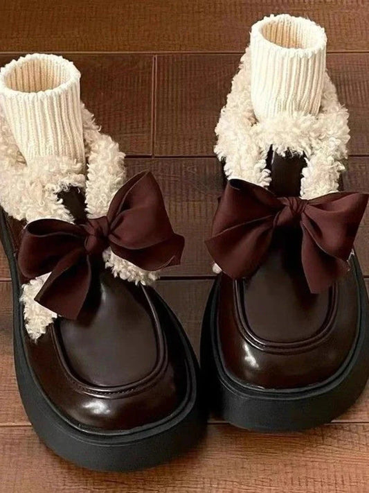 xsrrr Winter Japanese Sweet Platform Shoes Women Warm Bow Vintage Kawaii Plush Shoes Female Pure Color Casual Comfortable Shoes