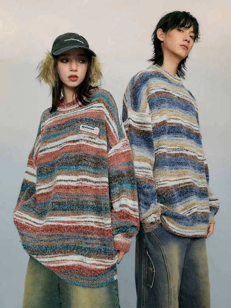 Striped Knitted Sweater Coat Men Japanese Y2K Oversize Casual Autumn Winter Loose O-neck Pullovers for Man Streetwear