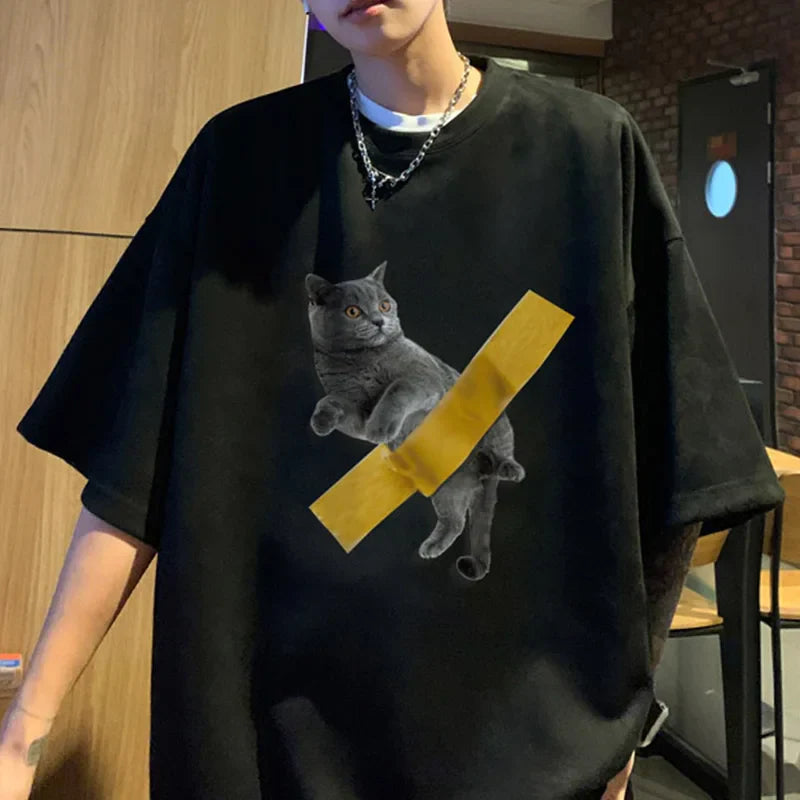 Summer Cartoon Cat Print T-shirt Men Fashion Retro Suede Tshirts Streetwear Hip Hop Loose Round Neck Oversized T Shirt Mens Tops