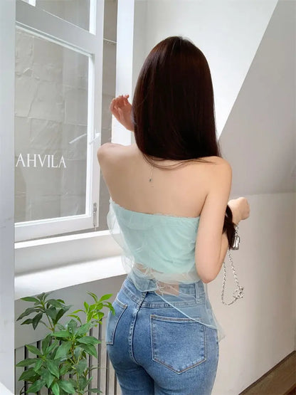 xsrrr Women Gauze Sweet Girl Strapless Korean Style New Crop Tops Ins Summer Slim Fashion Sexy Hot Lady Fit Club Wear Aesthetics