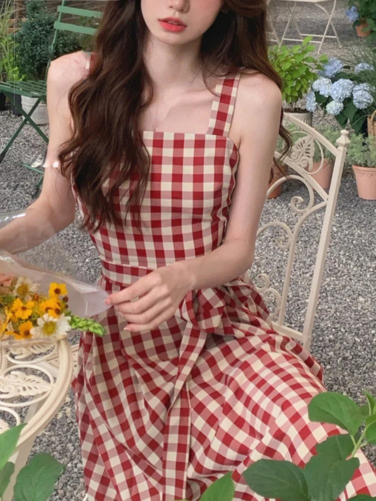 xsrrr DRESS TO IMPRESS Sweet Plaid Dress for Women Summer Fashion Elegant Chic Strap Mini Dress Female Birthday Even Party Korean Style Dress Slim