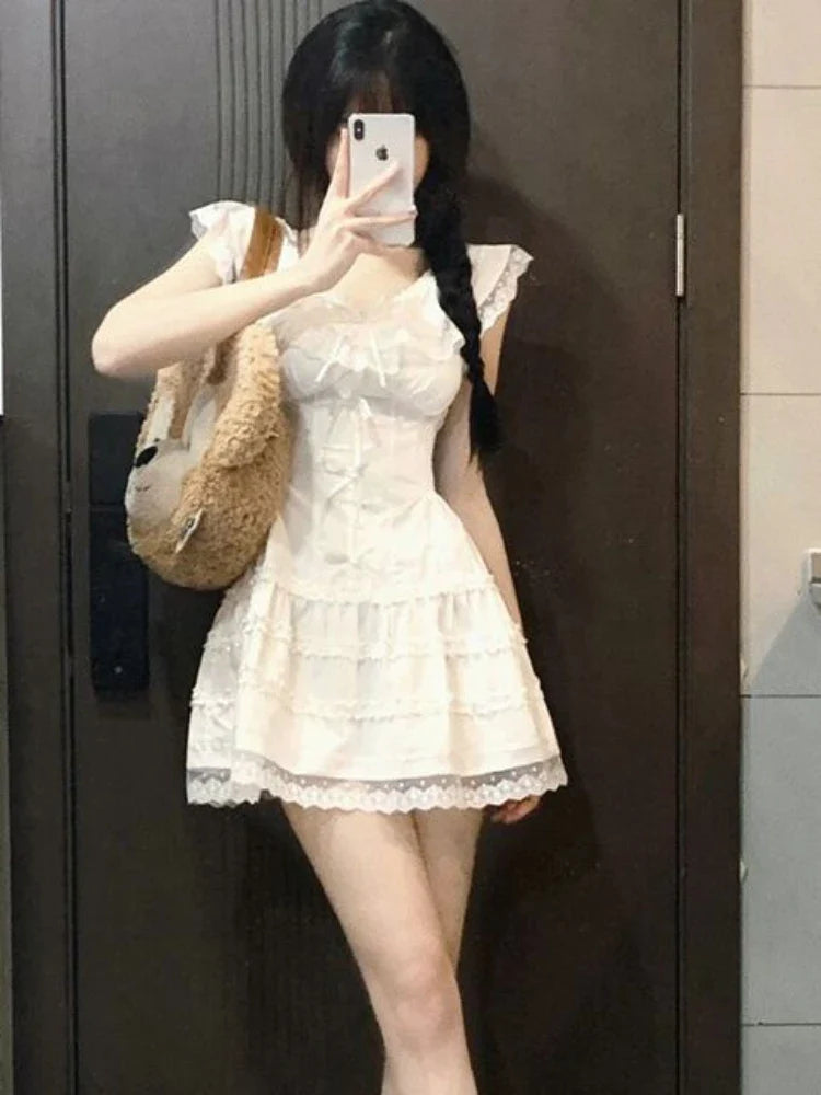 xsrrr Y2k Coquette White Lolita Sweet White Kwaii Cute Mini Dress Women Lace Bow Princess Slip Lace Short Dresses 2024 Fashion