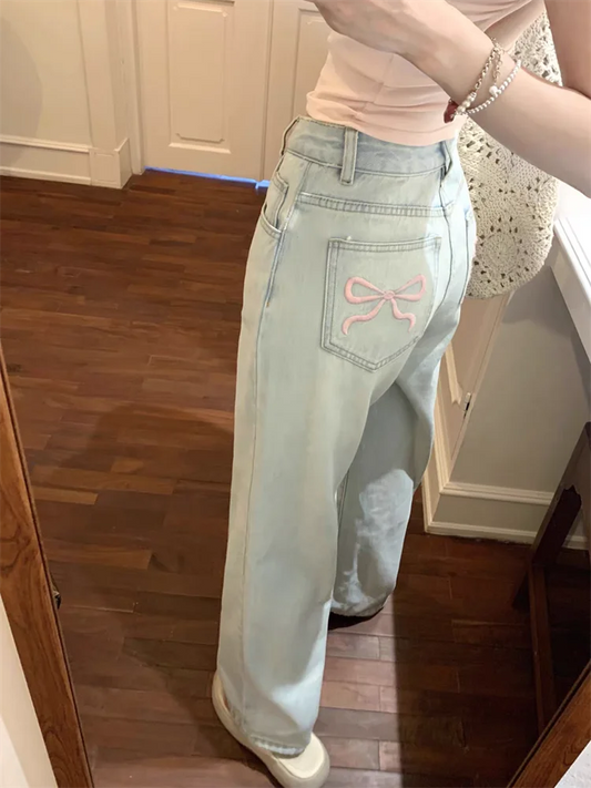 xsrrr Women's Pink Bow Embroidered Light Blue Jeans Young Girl Street Straight Bottoms Vintage Casual Trousers Female Wide Leg Pants