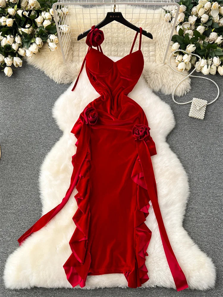 French Retro Velvet Dress Ladies Spaghetti Strap Sleeveless 3D Flowers Split Red Evening Party Sexy Dresses