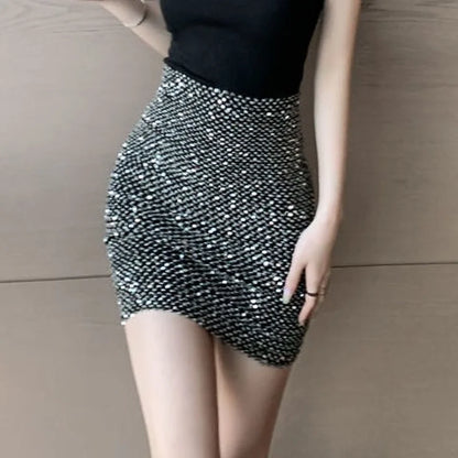 xsrrr Women's Stylish Sexy Short Skirts Sequin Hip Elasticity High Waist Korean Style Fashion Wrap Tight Mini Skirt for Women Elegant