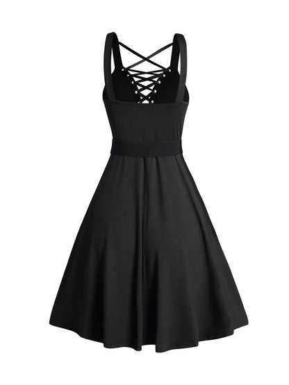 xsrrr Gothic Dress Lace Up Buckle Strap Crisscross Plunging Neck High Waisted A Line Mini Dress 2024 Women Summer Black Dress Vestidos