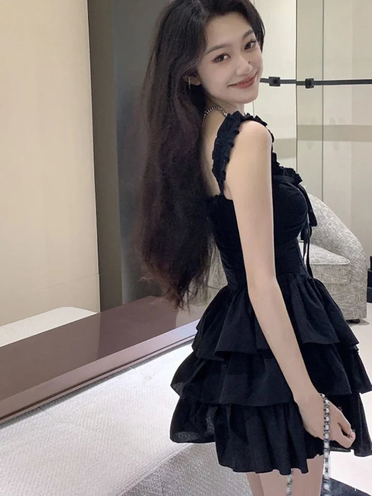 xsrrr Sexy Slip Lolita Style Black Dress Women Vintage Sleeveless Y2K Mini Dress Summer Slim Sweet Korean Lace Up Cake Dress New