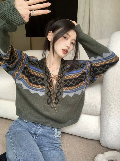 xsrrr Vintage Sweaters Women Lace-up Elegant Cozy V-neck Trendy Ladies BF Style Pullovers Ulzzang Knitwear Classic High Street Autumn