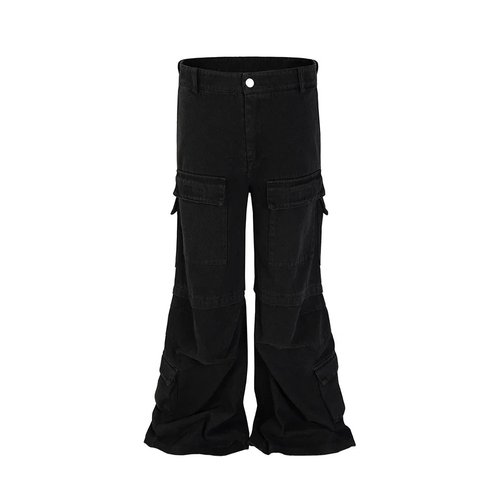 High Street Multi-pockets Washed Black Cargo Pants Mens Straight Pleated Casual Baggy Overalls Oversized Loose Casual Trousers