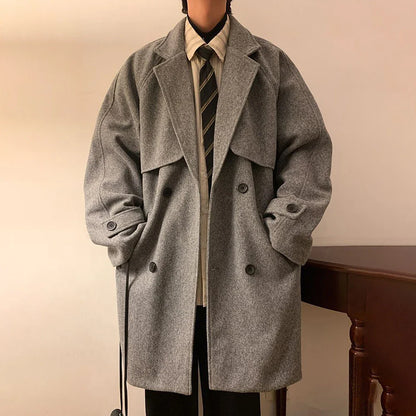 Mens Gray German Woolen Coat Autumn Winter Mid-Length Thickened High-End Retro Elegant Handsome Comfortable Coat Oversize