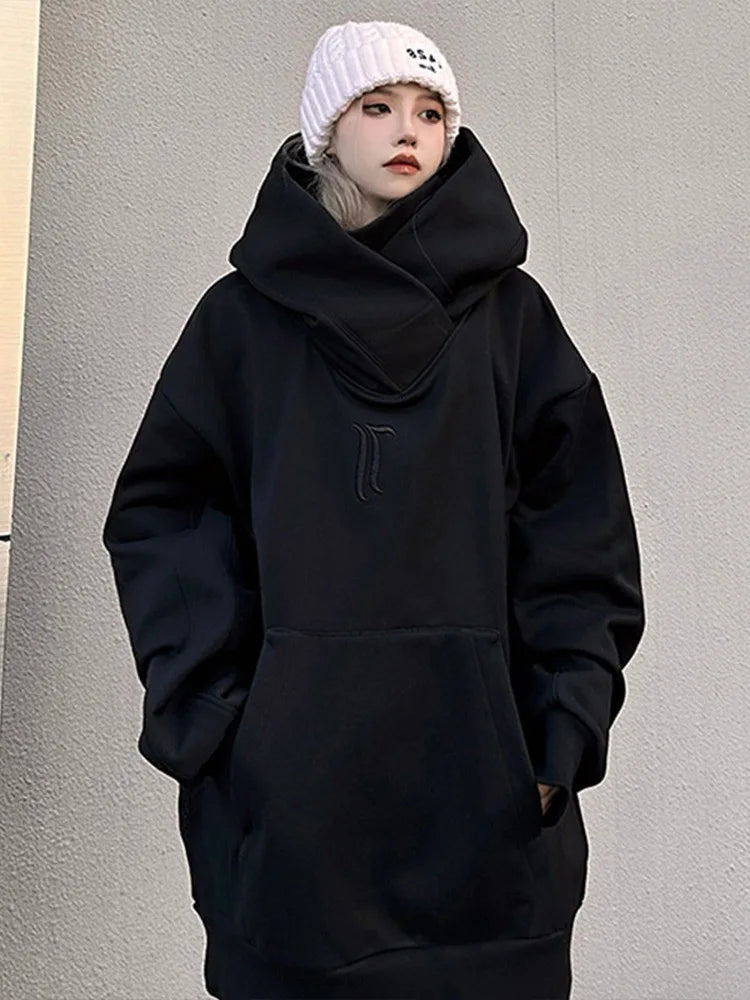 Korean Street Style Solid Color High Collar Oversized Hoodie Men Fashion Loose Casual Hooded Top Harajuku New Sweatshirt Hoodie