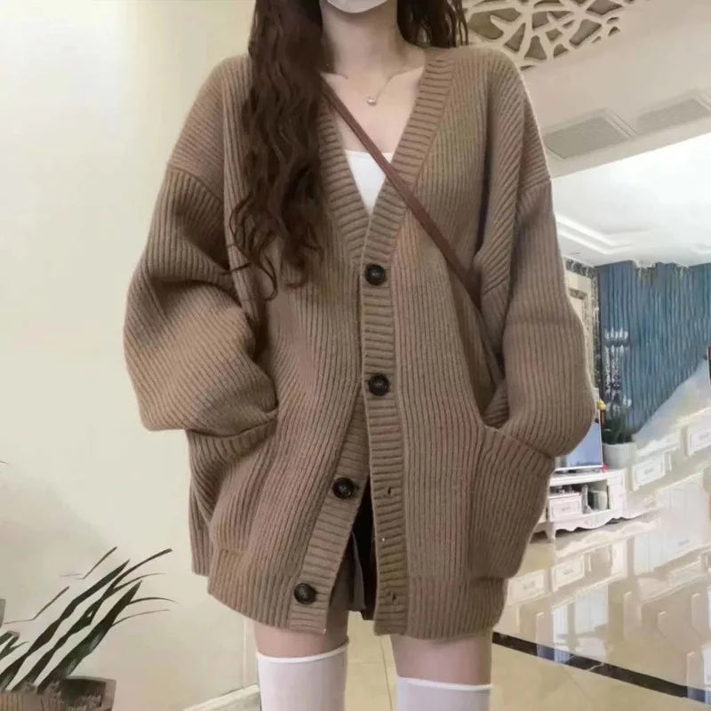 xsrrr Autumn Winter Women Cardigan Sweater Coats Fashion Female Long Sleeve V-neck Loose Knitted Jackets Casual Sweater Cardigans