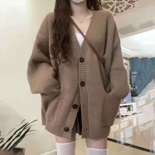 xsrrr Autumn Winter Women Cardigan Sweater Coats Fashion Female Long Sleeve V-neck Loose Knitted Jackets Casual Sweater Cardigans