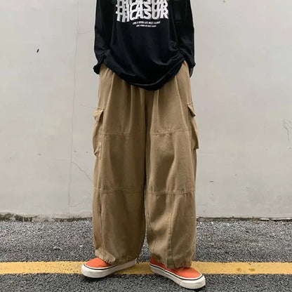 Khaki Cargo Pants Men Elastic Waist Baggy Trousers Fashion Overalls Oversized Bottoms Summer Vintage Male Y2K Clothes Streetwear