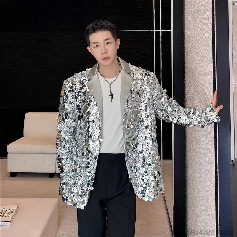 Men's Sequins Blazer Glitters Bling Suit Jacket Singer Stage Shiny Clothing Black Silver Oversize Party Suit Coat Man