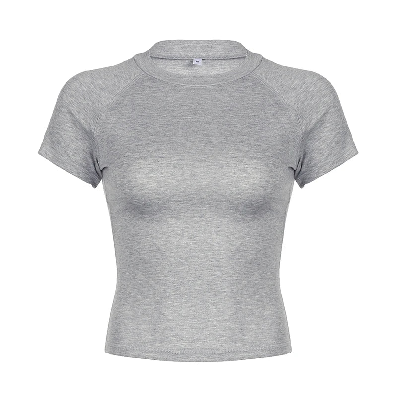 xsrrr Solid Grey Slim Crop Top Women Casual Short Sleeve T-shirts Summer Basic Skinny Tees Ladies Streetwear y2k Aesthetic 2024