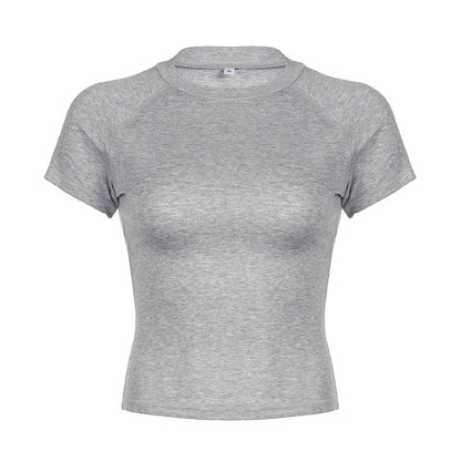 xsrrr Solid Grey Slim Crop Top Women Casual Short Sleeve T-shirts Summer Basic Skinny Tees Ladies Streetwear y2k Aesthetic 2024