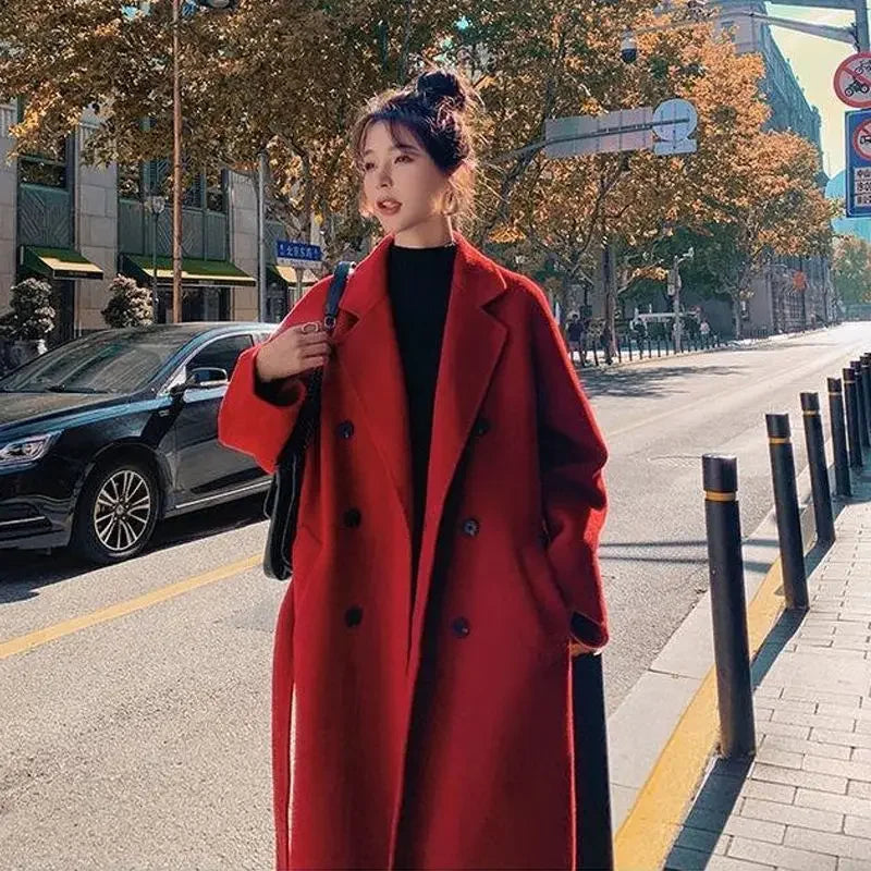 xsrrr New Large Size Hepburn Style Red Woolen Coat for Women Autumn and Winter Fat Mm Loose Long Thick Woolen Coat