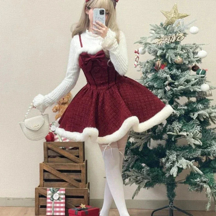 xsrrr Christmas Outfits Sweet Lolita Style Dress Sets Women Elegant Bow Plush Shawl Short Jackets Mini Skirts Suit Kawaii Christmas New Year 3 Piece Set