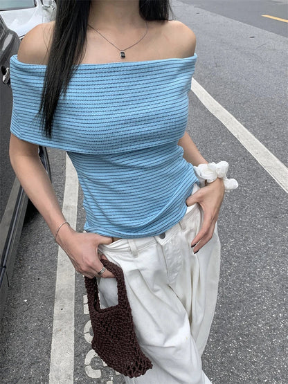 xsrrr Chic Women Sexy Off Shoulder T-shirt Summer Knitting Stripe Slim Crop Top Y2K Vintage Harajuku White Tee Elegant Female Clothes