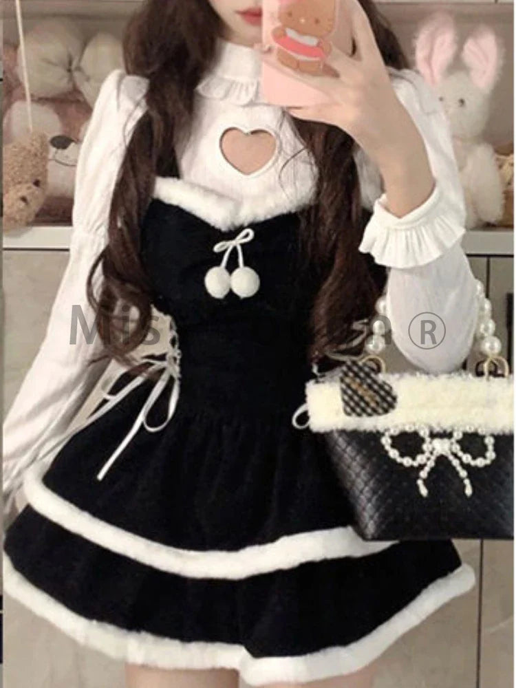 xsrrr Winter Sweet Y2k 2 Piece Dress Set Women Hollow Out Knitted Tops + Kawaii Mini Dress Female Korean Fashion Lolita Cute Suit 2024