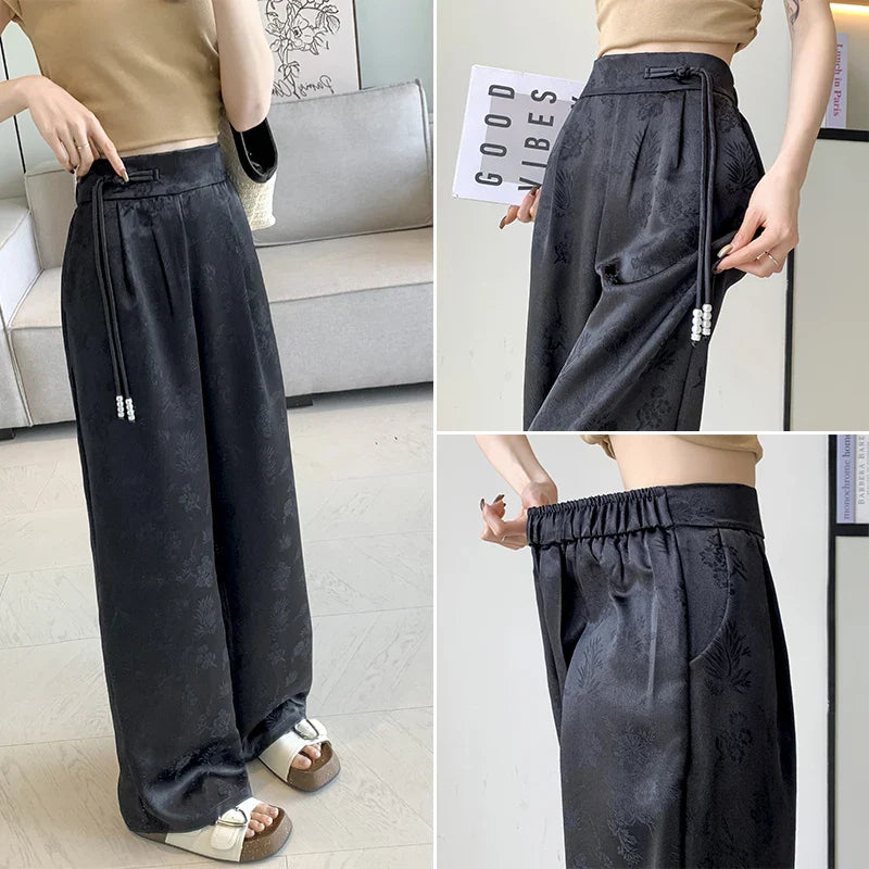 xsrrr New 2024 Spring Summer Wide Leg Loose Pants For Women Black Or White Color Chinese Style High Waist Jacquard Trousers Women