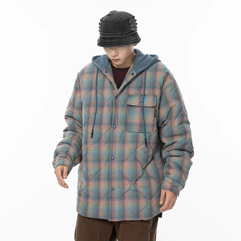 Winter Jacket Men Warm Fashion Thickened Plaid Jacket Men Oversized Streetwear Korean Loose Short Coa Mens Couple Thick Hooded Jackets