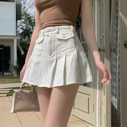 xsrrr Spicy Girl White Denim Skirt Chic High Waist A-line Ultra Short Skirts Women's 2024 Summer New Cool High Street Pleated Skirt