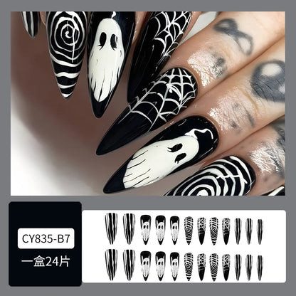 xsrrr Halloween Nails 24pcs Black Cool False Nails with Ghost Spider Web Pattern Decor Almond Fake Nail Tips Wearable Halloween Party Press on Nails