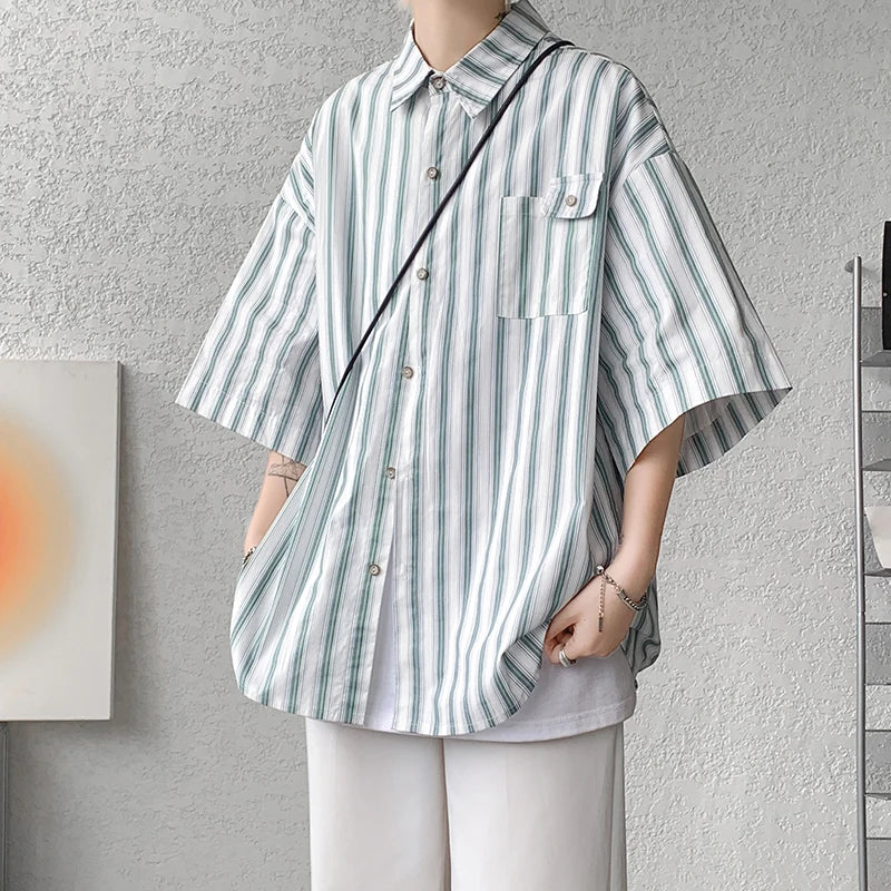 Half Sleeve Shirts Men Casual Stripe Shirts Streetwear Oversize Blouses Single Breasted Male Clothing Harajuku Summer