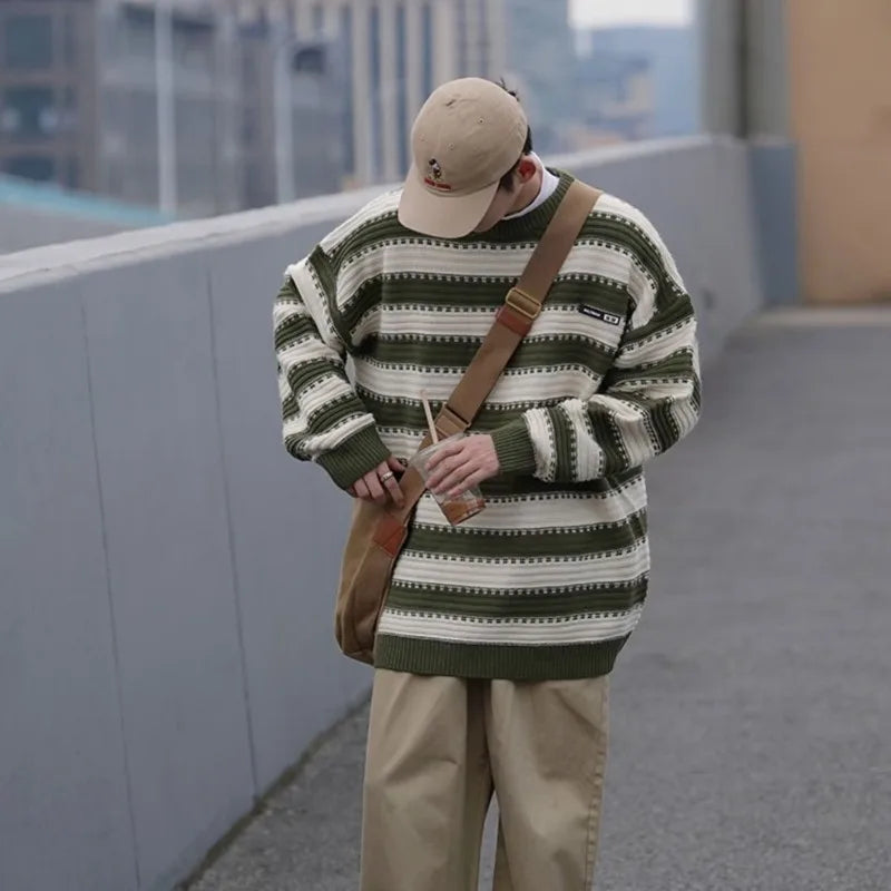 Striped Knitted Sweater Coat Men Japanese Oversize Casual Autumn Winter Loose O-neck Pullovers for Man Streetwear Korean