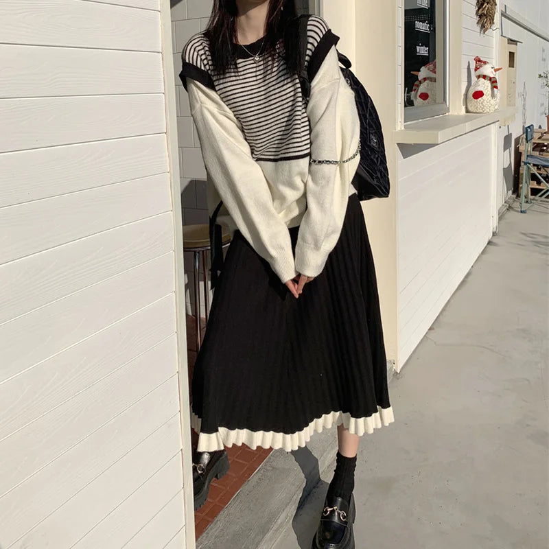 xsrrr DRESS TO IMPRESS Japanese Vintage Knitted Skirt Women Black Patchwork Party Korean Y2k Skirt Female 2021 Winter Casual High Street Gothic Clothes