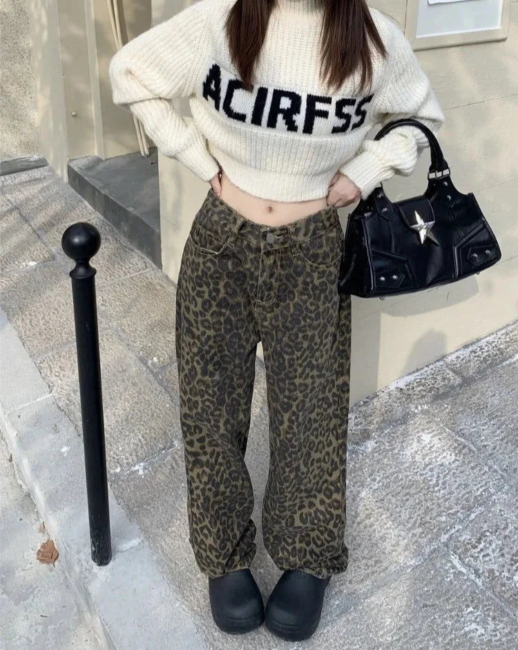 xsrrr Vintage Leopard Print Pantalon Femme Wide Leg Pants Women High Waist Straight Y2k Jeans Casual Fashion Korean  Jean Trousers