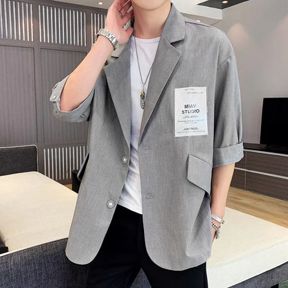 Three-quarter Sleeve Blazers Loose Casual Suit Summer Oversize Patch Design Solid Jackets Classic Simple Trend  Male Clothes