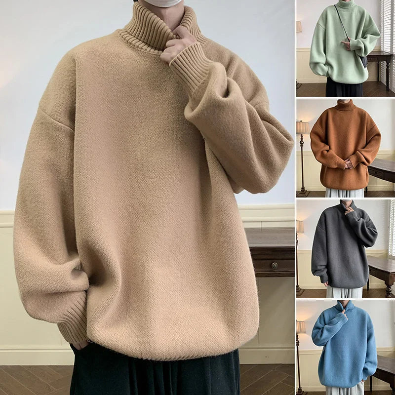 Men's Turtleneck Sweater Pullover Men Loose Casual Harajuku Korean Fashion Mens Oversized Sweater Fashion Thicken Warm Sweaters