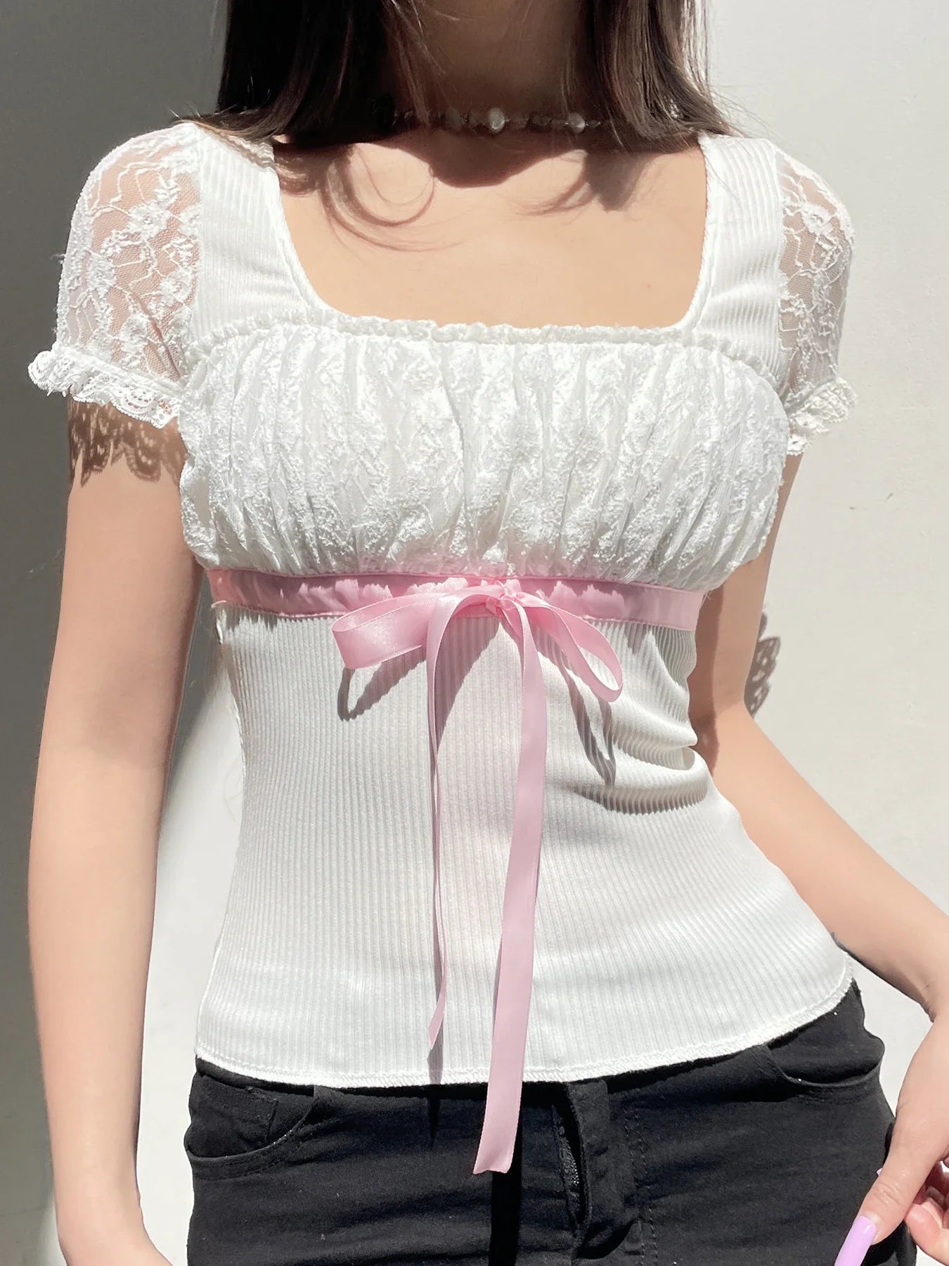 xsrrr Sweet Y2K Ruched Square Collar Lace Sleeve White T Shirt Women Pink Bow Cute Kawaii Balletcore Clothes