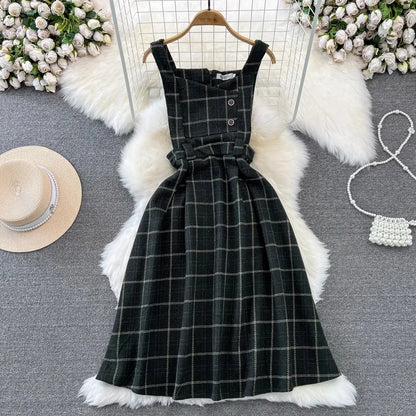 xsrrr DRESS TO IMPRESS Vintage Korean Two Piece Set Dress Women Autumn Winter Plaid Woolen Spaghetti Strap Dress With Belt Long Sundress Vestidos