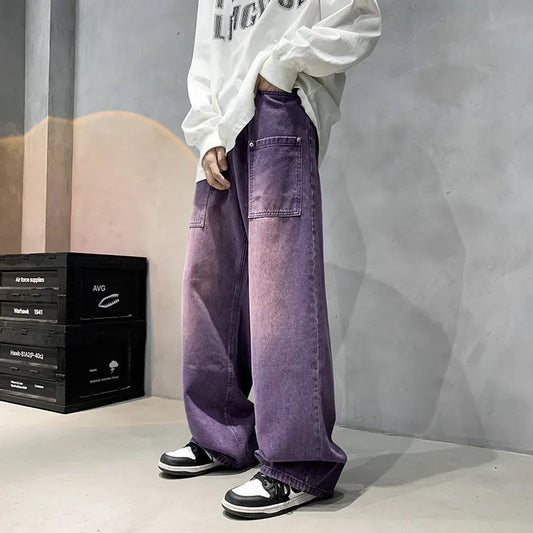 Purple Wide Jeans for Men Ins Fashion Hip Hop Denim Trousers Vintage Casual Pants Streetwear Oversized Bottoms Male Y2K Clothes