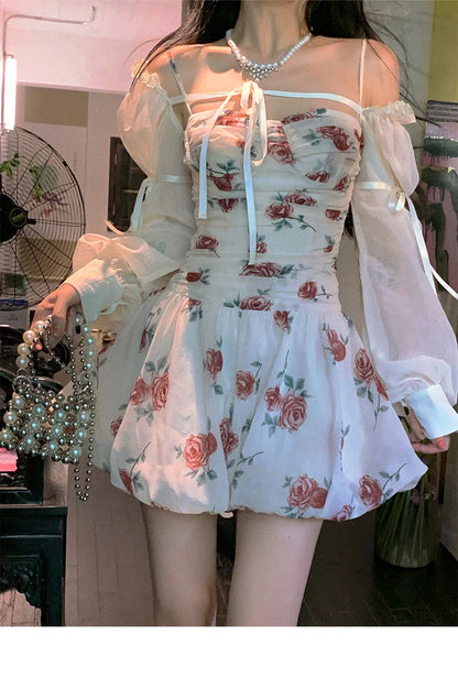 xsrrr Sweet Floral Sexy Strap Dress Women Folds Designer Casual  Mini Fairy Dress Female 2024 Summer Puff Sleeve Korean Princess Dress