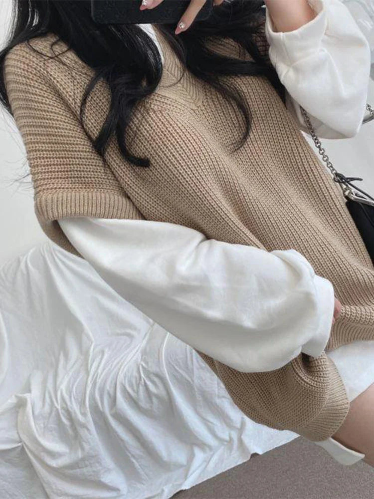 xsrrr Autumn Winter Vest Women Korean Style Knitted Sweaters Female Oversized Preppy Jumper Ladies Casual Loose Long Sleeve Pullovers