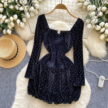 Hnewly DRESS TO IMPRESS Elegant Square Neck Vintage Long Sleeve Chic Polka Dot Slim Velvet Dresses French Fashion Evening High Street Autumn Clothing