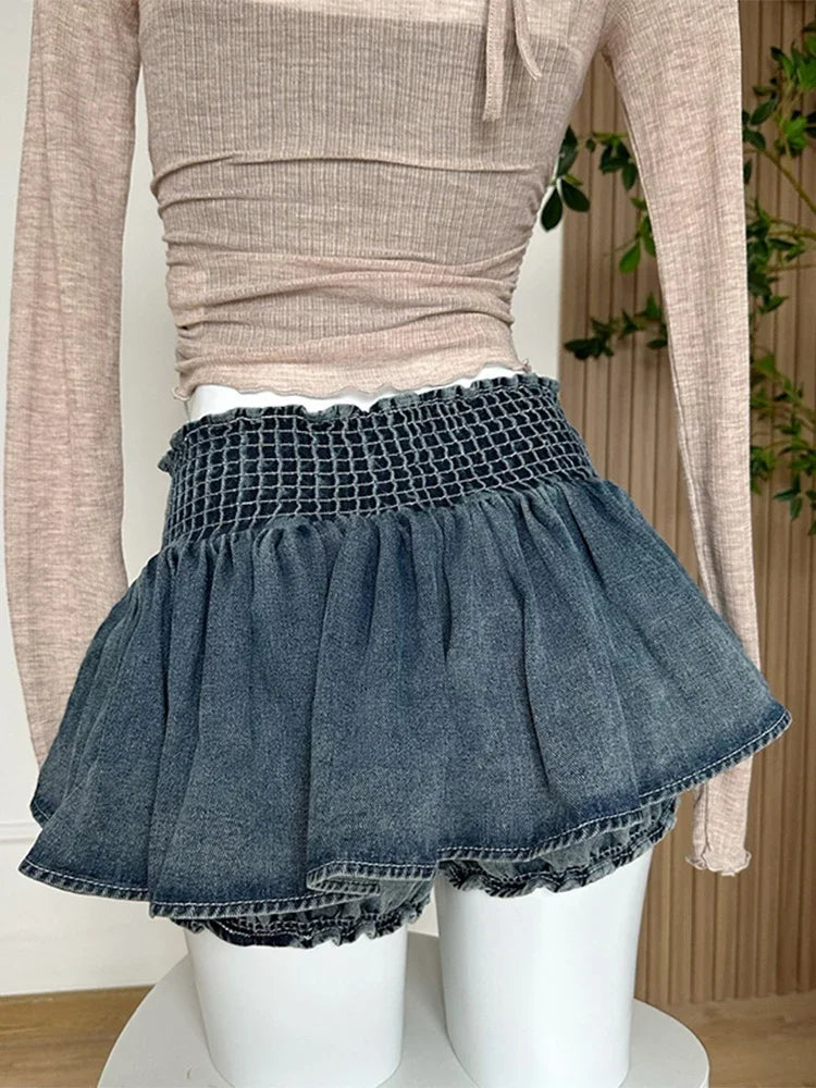 xsrrr A-line Women Denim Blue Jean Skirts Shorts Summer Bow Hot Girls Mini Skirt Streetwear Sexy Y2k Irregular Kawaii Coquette