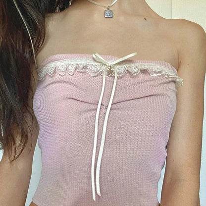 xsrrr Sweet Off Shoulder Crop Top Kawaii Strapless Casual Pink Tube Tops Vintage Bow Stitched Sleeveless Vest Women Y2k Summer