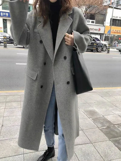 xsrrr Office Lady Suit Collar Long Woolen Jackets Winter Korean Style Double Breasted Long Loose Women 100% Wool Coats