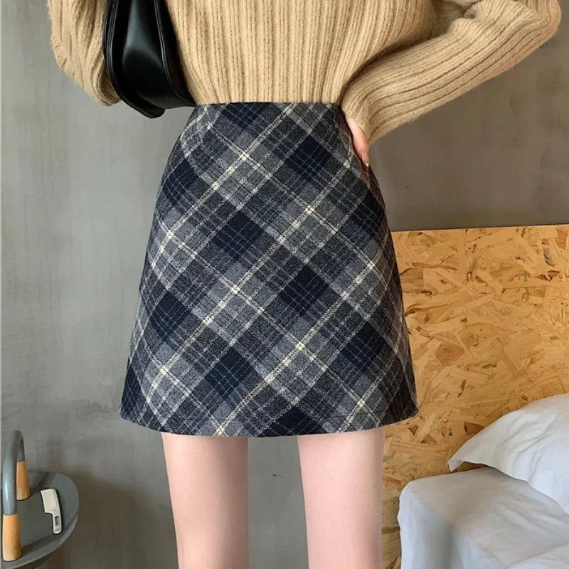 xsrrr Skirts Women Woolen Tender Fashion High Waist Retro Plaid Elegant A-line Casual Ladies Minimalist All-match Autumn Korean Style