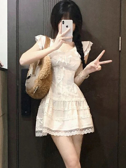 xsrrr Y2k Coquette White Lolita Sweet White Kwaii Cute Mini Dress Women Lace Bow Princess Slip Lace Short Dresses 2024 Fashion